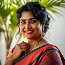 A portrait of a mature, curvy, and beautiful Sri Lankan woman, showcasing her graceful features and confident demeanor