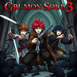 A dark fantasy anime cover titled "Grimon Soul 3", featuring three 17-year-old boys in an intense battle, expressing anger