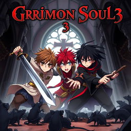 A dark fantasy anime cover titled "Grimon Soul 3", featuring three 17-year-old boys in an intense battle, expressing anger