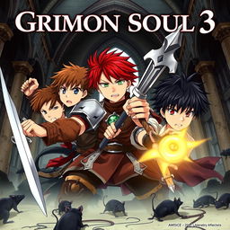 A dark fantasy anime cover titled "Grimon Soul 3", featuring three 17-year-old boys in an intense battle, expressing anger