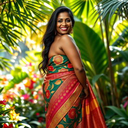 A full-body portrait of a mature, curvy, and beautiful Sri Lankan woman standing with confidence