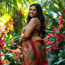 A full-body portrait of a mature, curvy, and beautiful Sri Lankan woman standing with confidence