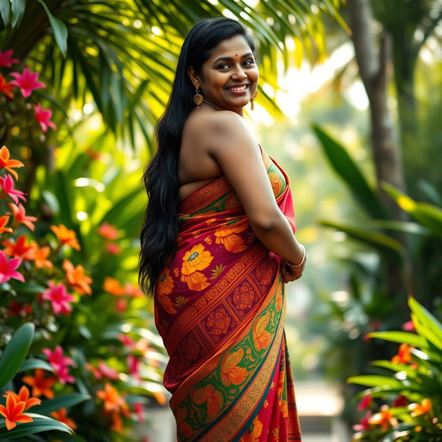 A full-body portrait of a mature, curvy, and beautiful Sri Lankan woman standing with confidence