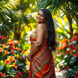 A full-body portrait of a mature, curvy, and beautiful Sri Lankan woman standing with confidence