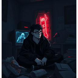 A 'doomer' character, embodying a melancholic yet cool vibe, sitting alone in a dimly lit room