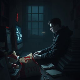 A 'doomer' character, embodying a melancholic yet cool vibe, sitting alone in a dimly lit room