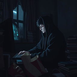 A 'doomer' character, embodying a melancholic yet cool vibe, sitting alone in a dimly lit room