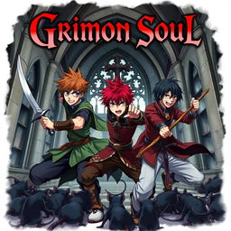 A dark fantasy anime cover titled "Grimon Soul 3", depicting three 17-year-old boys in a fierce, angry battle