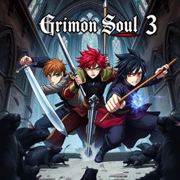 A dark fantasy anime cover titled "Grimon Soul 3", depicting three 17-year-old boys in a fierce, angry battle