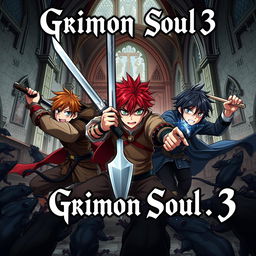 A dark fantasy anime cover titled "Grimon Soul 3", depicting three 17-year-old boys in a fierce, angry battle