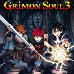 A dark fantasy anime cover titled "Grimon Soul 3", depicting three 17-year-old boys in a fierce, angry battle