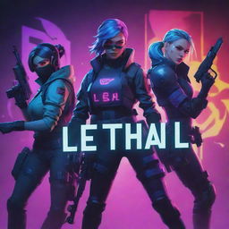 A vibrant, action-packed Valorant-themed wallpaper, with dynamic game characters and a significant in-game scene in the background. In the center, position the word 'Lethal' in bold neon style.