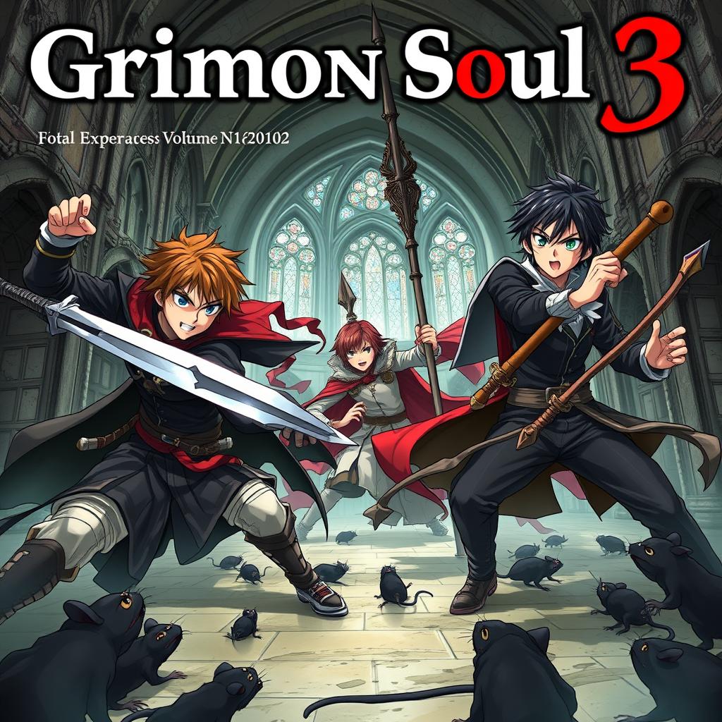 A dark fantasy anime cover titled "Grimon Soul 3", showcasing three 17-year-old boys engaged in an intense and angry battle