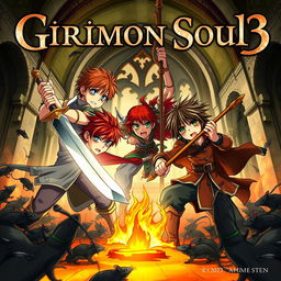 A dark fantasy anime cover titled "Grimon Soul 3", showcasing three 17-year-old boys engaged in an intense and angry battle