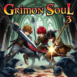 A dark fantasy anime cover titled "Grimon Soul 3", showcasing three 17-year-old boys engaged in an intense and angry battle