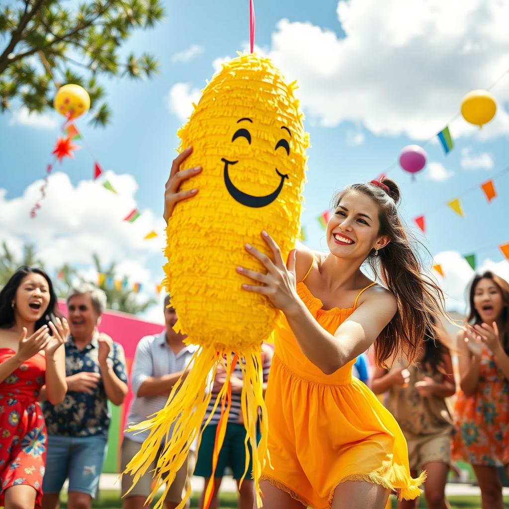 A dynamic and humorous scene featuring a young woman playfully striking a piñata shaped like a cartoonish egg, in a colorful and vibrant outdoor setting