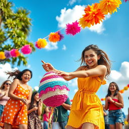 A dynamic and humorous scene featuring a young woman playfully striking a piñata shaped like a cartoonish egg, in a colorful and vibrant outdoor setting