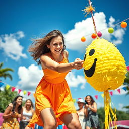 A dynamic and humorous scene featuring a young woman playfully striking a piñata shaped like a cartoonish egg, in a colorful and vibrant outdoor setting