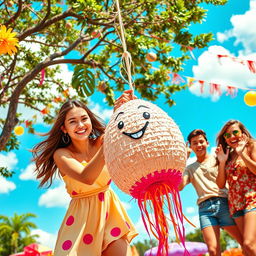 A dynamic and humorous scene featuring a young woman playfully striking a piñata shaped like a cartoonish egg, in a colorful and vibrant outdoor setting