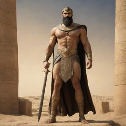 Gilgamesh, the legendary hero from the Epic of Gilgamesh, standing in his regal attire with the backdrop of ancient Mesopotamia.