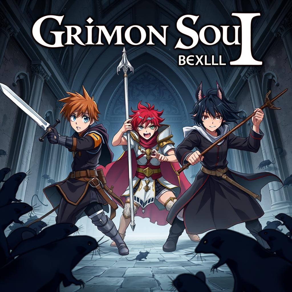 A dark fantasy anime cover titled "Grimon Soul 3", showcasing three 17-year-old boys engaged in an angry battle