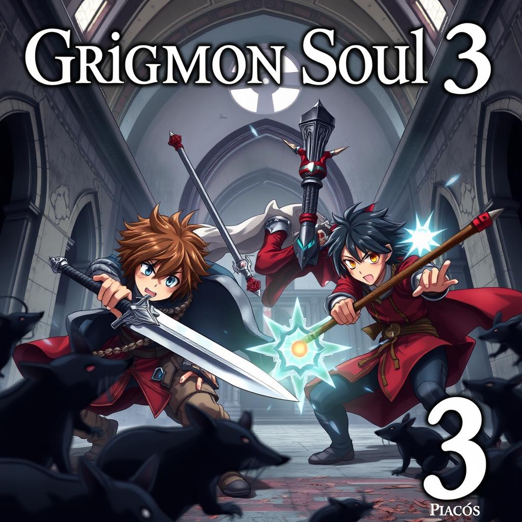 A dark fantasy anime cover titled "Grimon Soul 3", showcasing three 17-year-old boys engaged in an angry battle