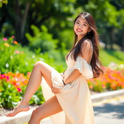 A young woman gracefully poses in a sunlit park, showcasing her stylish legs in a fashionable outfit