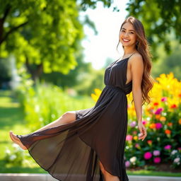 A young woman gracefully poses in a sunlit park, showcasing her stylish legs in a fashionable outfit