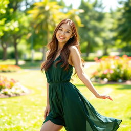 A young woman gracefully poses in a sunlit park, showcasing her stylish legs in a fashionable outfit