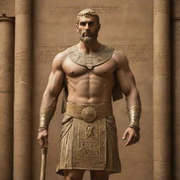 Gilgamesh, the legendary hero from the Epic of Gilgamesh, standing in his regal attire with the backdrop of ancient Mesopotamia.