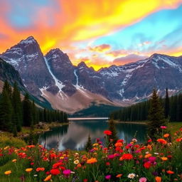 A majestic mountain landscape at sunset, featuring towering peaks adorned with glistening snow, and a vibrant sky transitioning from deep orange to a dusky blue