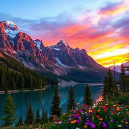 A majestic mountain landscape at sunset, featuring towering peaks adorned with glistening snow, and a vibrant sky transitioning from deep orange to a dusky blue