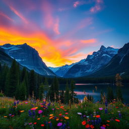 A majestic mountain landscape at sunset, featuring towering peaks adorned with glistening snow, and a vibrant sky transitioning from deep orange to a dusky blue