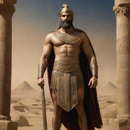 Gilgamesh, the legendary hero from the Epic of Gilgamesh, standing in his regal attire with the backdrop of ancient Mesopotamia.