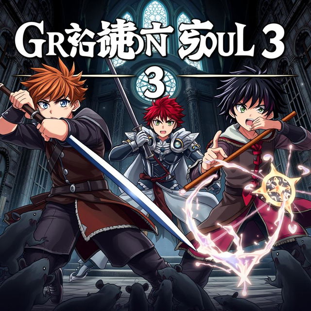 A dark fantasy anime cover titled "Grimon Soul 3", featuring three 17-year-old boys engaged in a fierce and angry battle