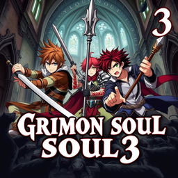 A dark fantasy anime cover titled "Grimon Soul 3", featuring three 17-year-old boys engaged in a fierce and angry battle