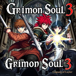 A dark fantasy anime cover titled "Grimon Soul 3", featuring three 17-year-old boys engaged in a fierce and angry battle