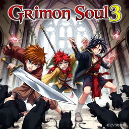 A dark fantasy anime cover titled "Grimon Soul 3", featuring three 17-year-old boys engaged in a fierce and angry battle