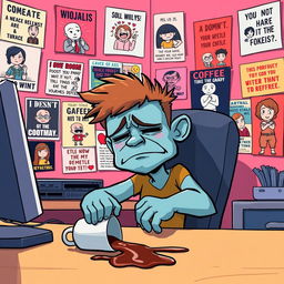 A Wojak character, depicted in a playful, exaggerated cartoon style, sitting at a computer desk surrounded by various memes and internet culture references pinned to the wall