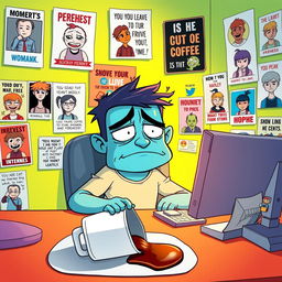 A Wojak character, depicted in a playful, exaggerated cartoon style, sitting at a computer desk surrounded by various memes and internet culture references pinned to the wall