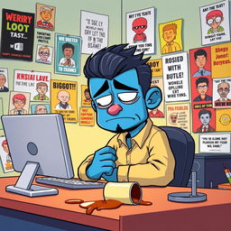 A Wojak character, depicted in a playful, exaggerated cartoon style, sitting at a computer desk surrounded by various memes and internet culture references pinned to the wall