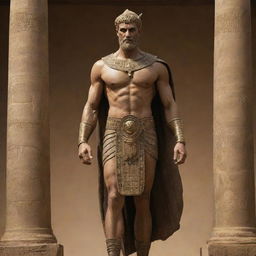 Gilgamesh, the legendary hero from the Epic of Gilgamesh, standing in his regal attire with the backdrop of ancient Mesopotamia.