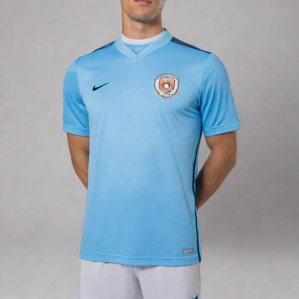 A light blue soccer jersey with a logo prominently displayed on the stomach area