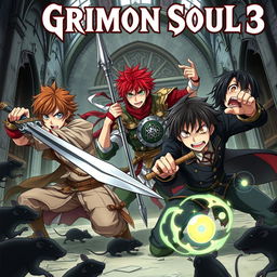 A dark fantasy anime cover titled "Grimon Soul 3", featuring three 17-year-old boys in a fierce and angry battle