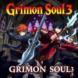 A dark fantasy anime cover titled "Grimon Soul 3", featuring three 17-year-old boys in a fierce and angry battle