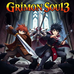 A dark fantasy anime cover titled "Grimon Soul 3", featuring three 17-year-old boys in a fierce and angry battle