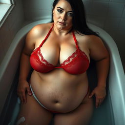 A full body portrait of a sexy, curvy woman with long black hair and a light skin tone, showcasing her body with freckles