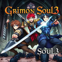 A dark fantasy anime cover titled "Grimon Soul 3", featuring three 17-year-old boys in a fierce and angry battle