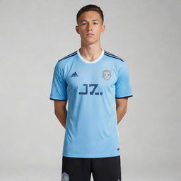 A light blue soccer jersey with a logo prominently displayed on the stomach area