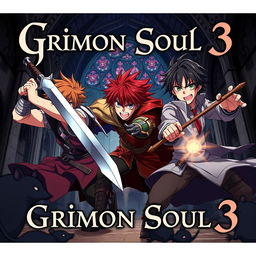 A dark fantasy anime cover titled "Grimon Soul 3", featuring three 17-year-old boys in a fierce and angry battle